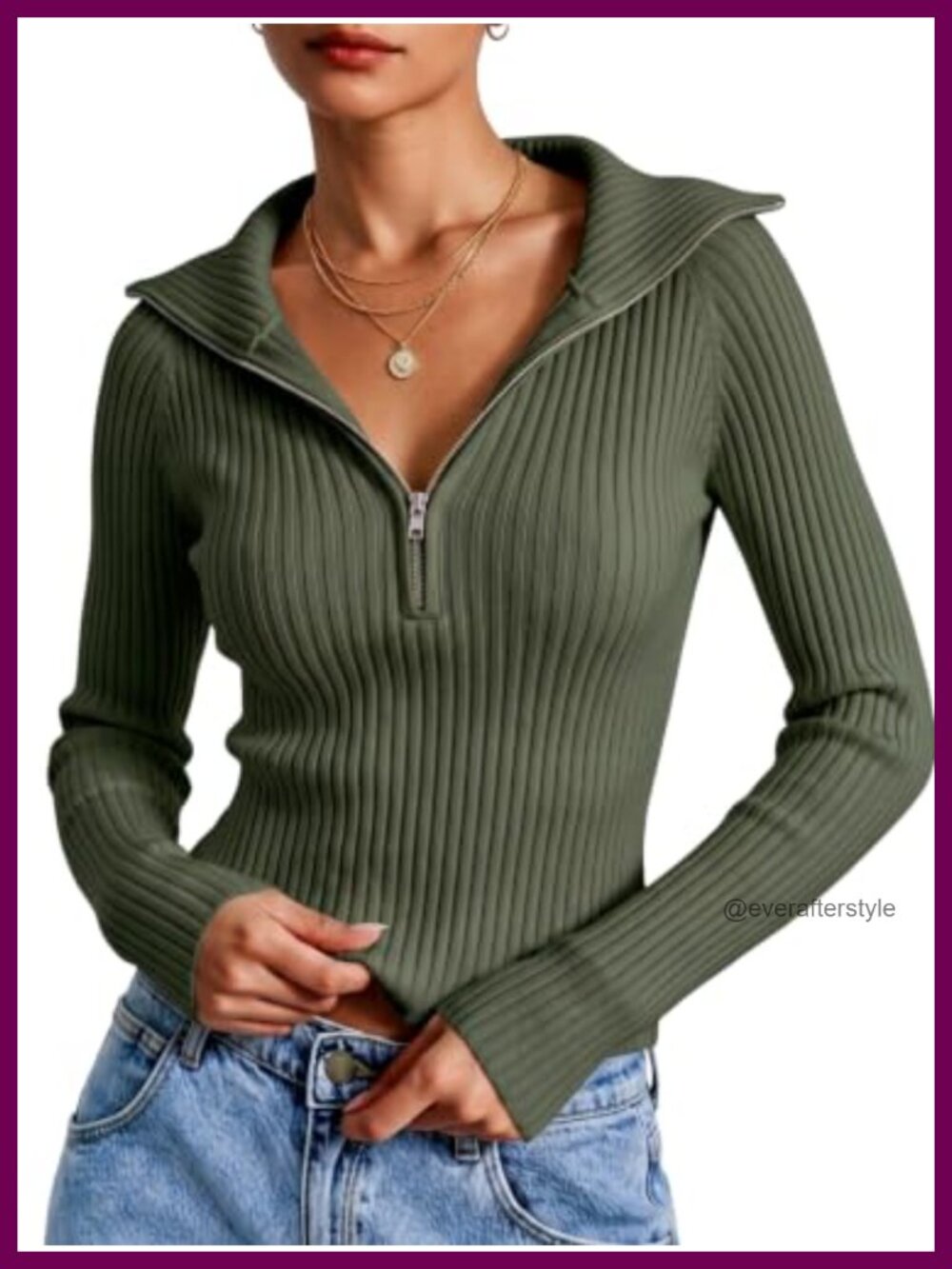 Acrylic Blend Half Zip Collared Sweater Fitted Pullover